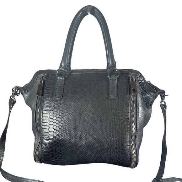 Linea Pelle Black Leather Handbag Tote Purse Croc Embossed Satchel crossbody - Picture 3 of 9